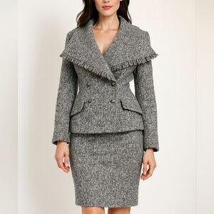 VINTAGE Petrovitch & Robinson Paris Wool Gray Marled Pencil Skirt Suit Set 42